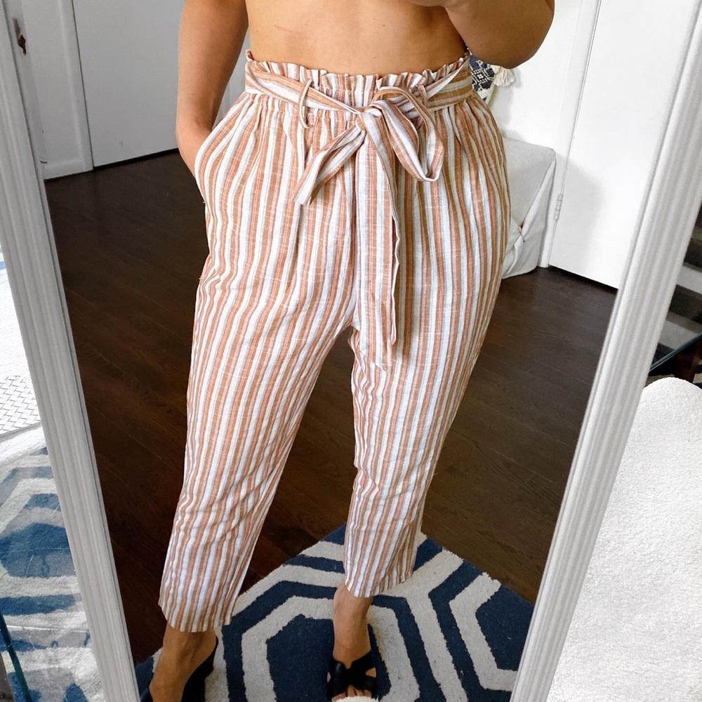 🍂 BOHO RUST WHITE HIGH WAIST BELTED STRIPE PAPER BAG PANTS!